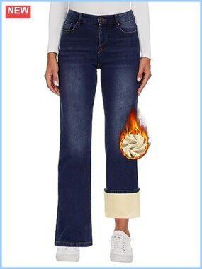 Fleece Lined High Waisted Wide Leg Jeans for Women Winter Pants